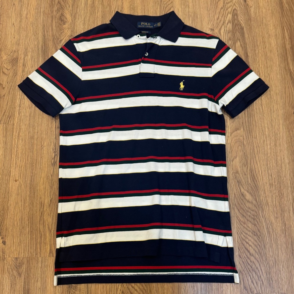 Polo Ralph Lauren Mens Custom Fit Striped Polo Shirt Navy White Red Green Medium